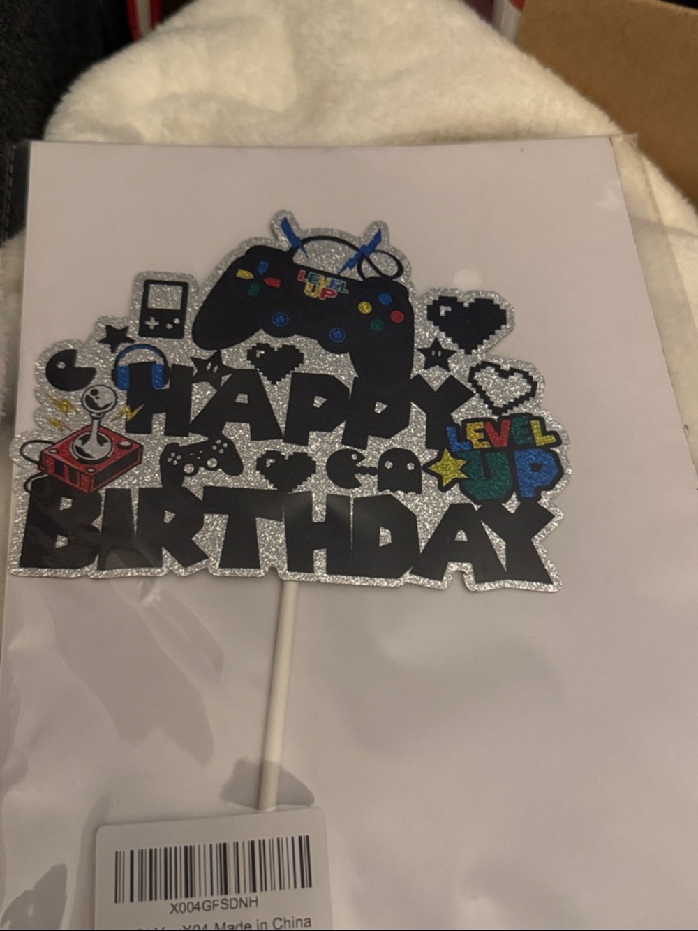 Happy Birthday 'Level Up' Gamer Cake‎ Topper - Black & Silver